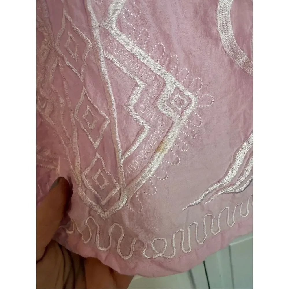 Gretchen Scott pink embroidered tassel tie tunic blouse size large